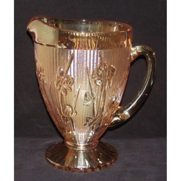 Jeannette Glass IRIS AND HERRINGBONE Marigold Iridescent Large Ftd Water Pitcher - Picture 4 of 4